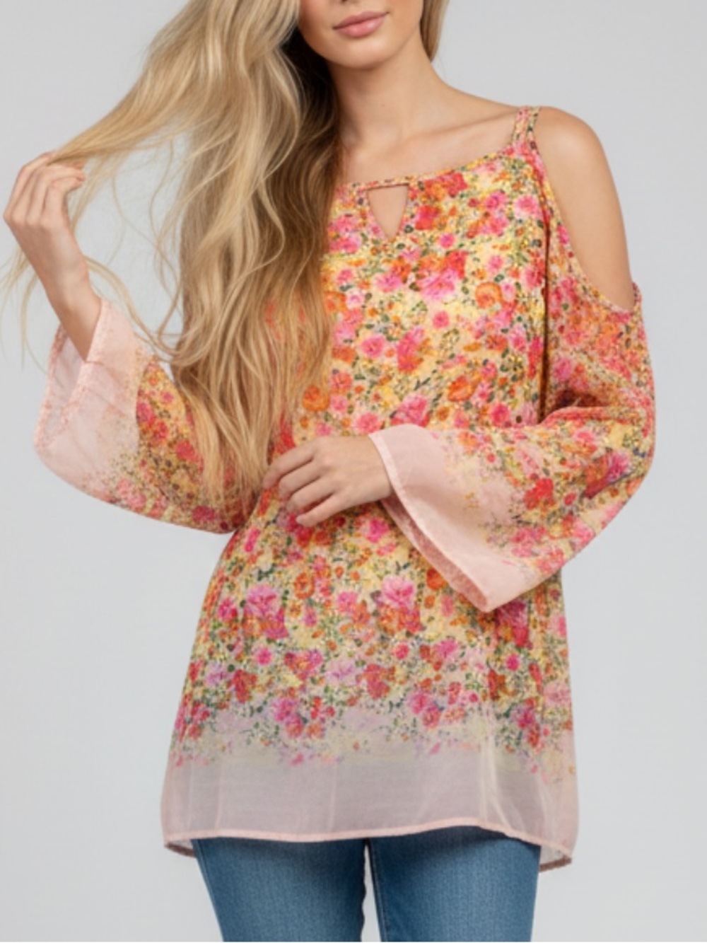 Floral Cold Shoulder Bell Sleeve Blouse